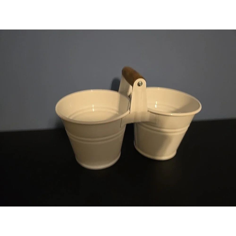 Double flower pot utensil holder Metal White Backets With Wooden Holder‎